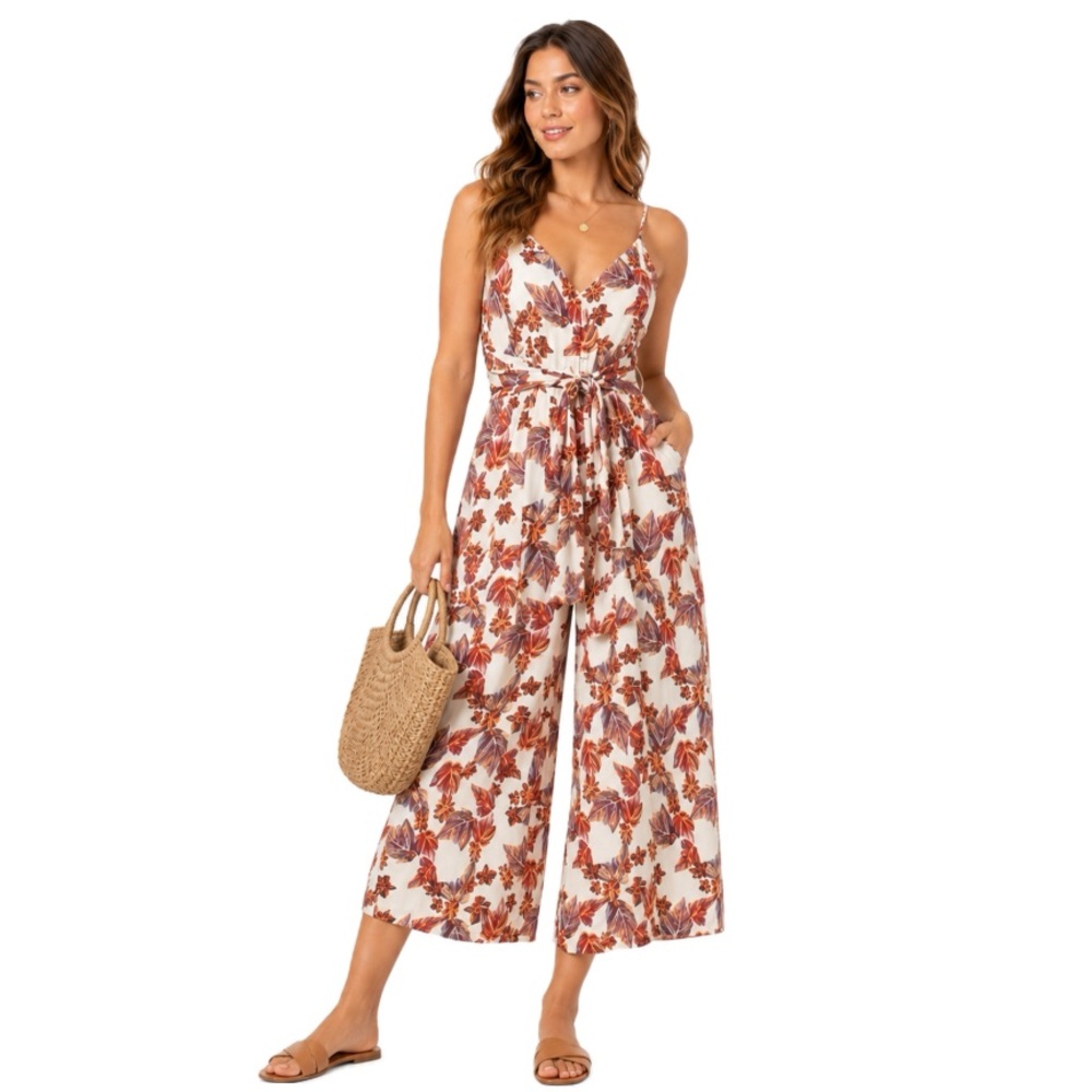 Free People, Floral Wide Leg Jumpsuit Boho Tie Waist Spaghetti Strap, Size 6